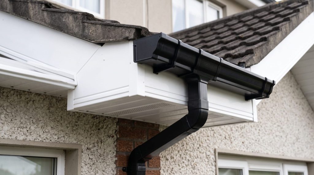 Close-up of newly installed uPVC fascia and soffit boards showing the fitted gutter and clean roofline