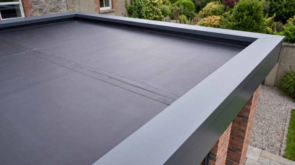 Close-up of a black EPDM rubber roofing membrane with a taped seam and edge trim