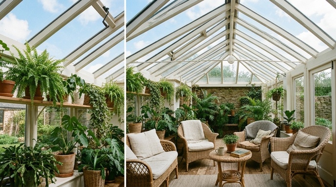 Close-up of yellowed and cracked polycarbonate conservatory roof panels from below