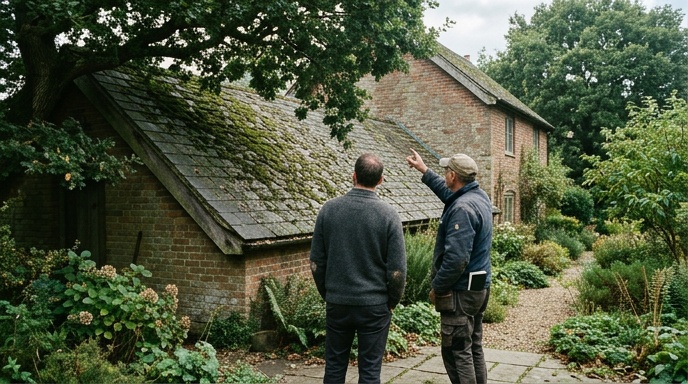 Roofer on a harness soft washing moss from a steep slate roof