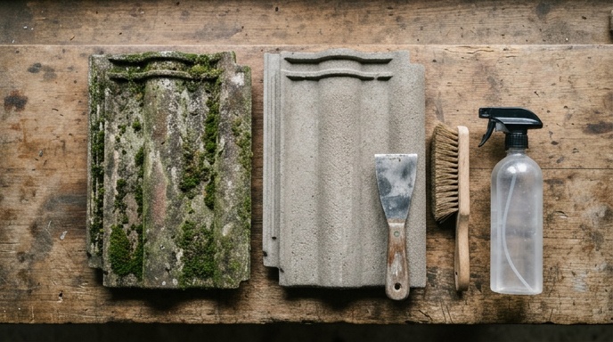 Close-up of moss being scraped from between grey slate roof tiles