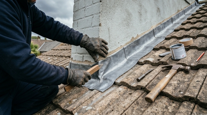 Grey lead flashing dressed around the base of a brick chimney on a slate roof