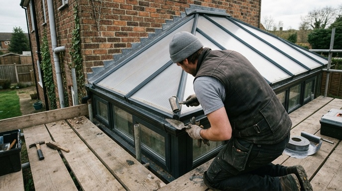 Bright glass conservatory roof flooding an interior room with daylight