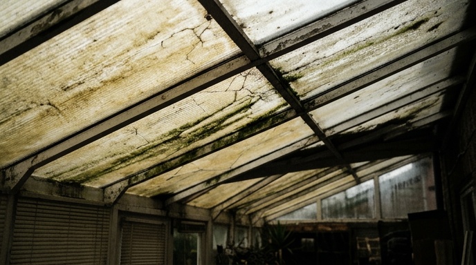 Modern tiled solid conservatory roof viewed from the garden in afternoon light