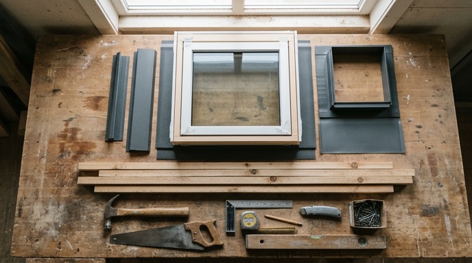 Roofer fitting a new roof window into a pitched slate roof in daylight