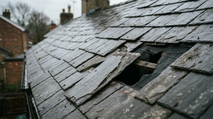 Heavy rain overflowing a blocked gutter on an old slate roof