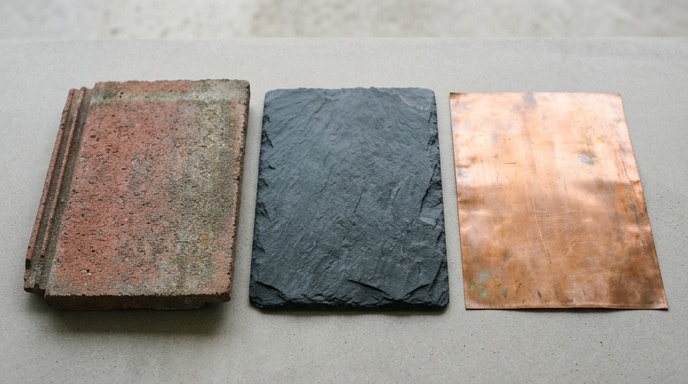Roofing material samples including tile, slate, and metal laid out on a workbench with a quote sheet